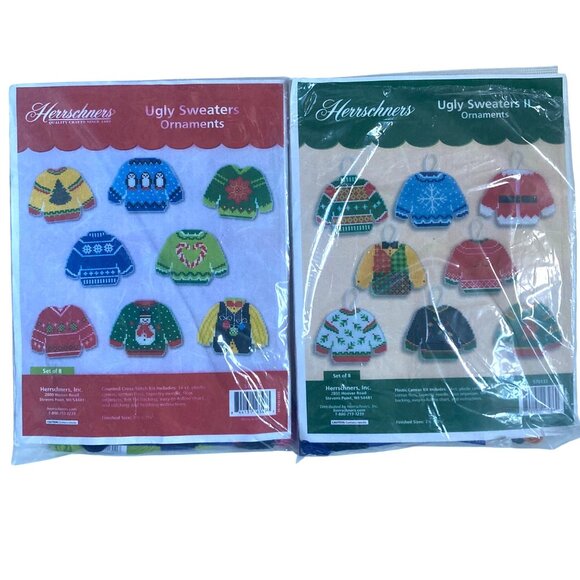 Herrschners Ugly Sweaters Cross Stitch Ornament Kit Set Of 2 Make 16 Total XMas - Picture 1 of 14